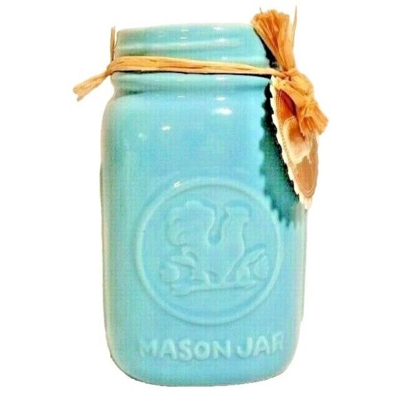 Country Mason Jar Blue Measuring Cup Utensil Holder Embellished Rooster 7 x 4-in - Picture 1 of 4
